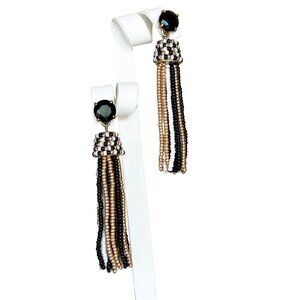 J. Crew Black/White/Gold Beaded Tassel Earrings Statement Jewelry